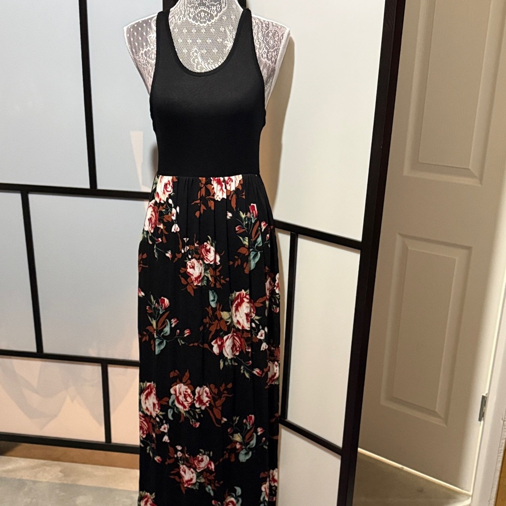 Black Floral Racerback Maxi Dress with Pink Rose Print